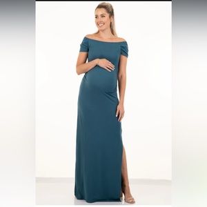 Teal maternity short sleeved rouched bodycon dress with side slit- size small